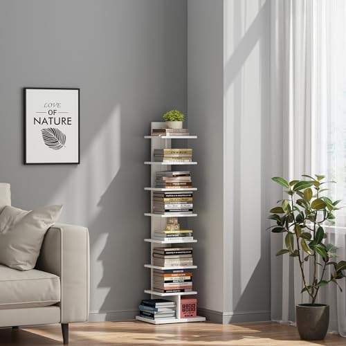 TUTOTAK Book Shelf, Narrow Spine Bookshelf, 8-Tier Bookcase for Small Space