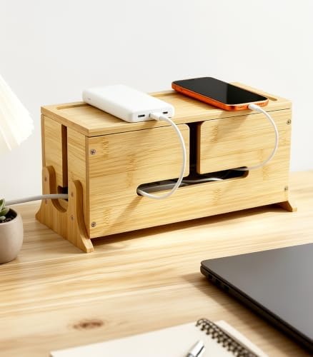 TiMOVO Wood Cable Management Box with Removable Magnetic Lid & Support Legs