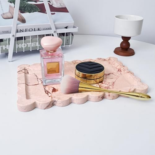 Yew & Tulip Natural Marble Vanity Tray with Scalloped Rim, Nature Rose Pink Luxury Stone Serving Tray for Bathroom, Kitc