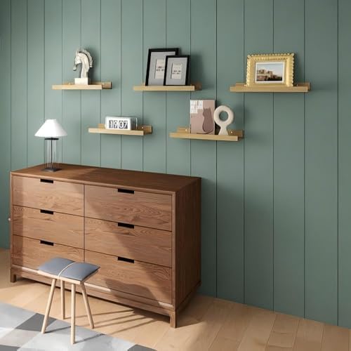 RICHER HOUSE 5-Set Floating Shelves with Lip, Oak Wall Mounted Wood Shelf