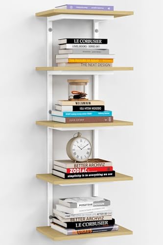 Harwaya White and Natural Tiered Wall Shelf Unit, 5 Tier Display Floating Shelves, Deep Hanging Wall Shelving Unit for L