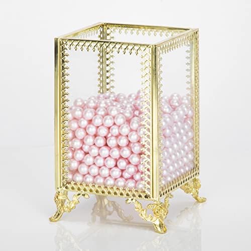 HKS Makeup Brush Holder Vintage Glass Handmade Organizer with Pink Pearls for Nail Brush, Vanity, Bathroom, Dresser, Cou
