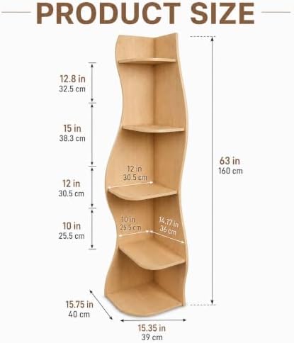 5-Tier Wavy Corner Shelf with Curvy Shape for Small Spacem, Natural Wood