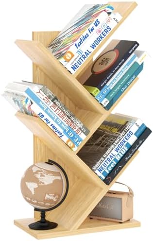 SHEEPAM Small Tree Book Shelf,5 Tier Bookshelf, Wood Desktop Bookcase