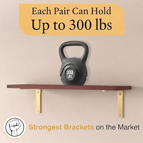 4 Pack Heavy Duty Brass Shelf Brackets 10 Inch by Balin Designs – Decorative L Bracket for Shelves, Metal Shelf Support 