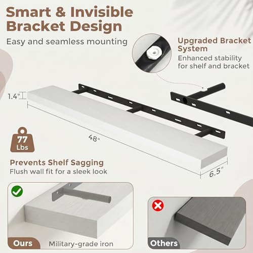 48 Inch Floating Shelves for Wall, 6.5"D Wood Storage Shelves, White Finish