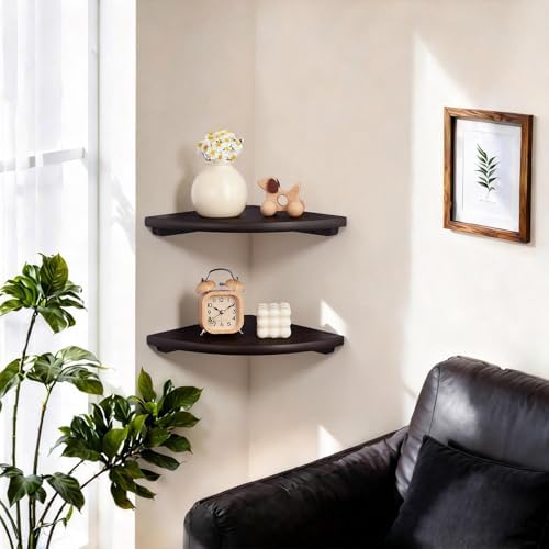 Gieanoo Floating Corner Shelves Set 2 9inch Walnut Solid Oak Rounded Corner Shelves Wall Mounted with Cable Hole Wood Co