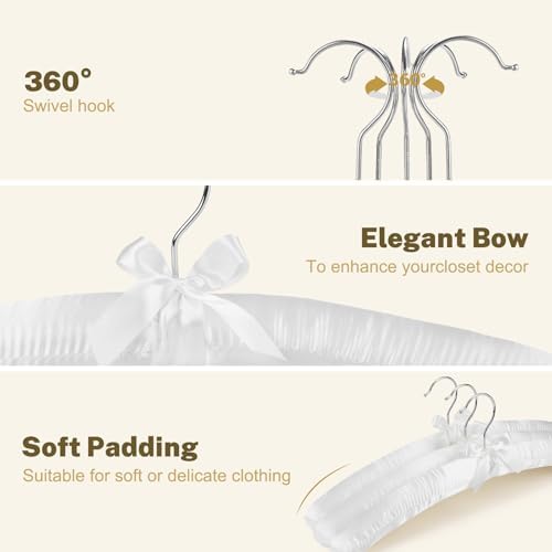 HOUSE DAY 10 Pack White Satin Padded Hangers for Women Clothing, 17 Inch