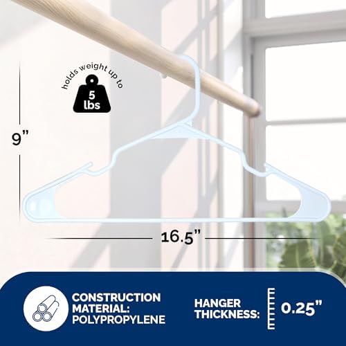 Closetselect Plastic Hangers 50 Pack, Strong Space Saving Notch Hanger, Made in USA, Perfect Shirt or Coat Plastic Hanger, with Shoulder Grooves, White, Notched