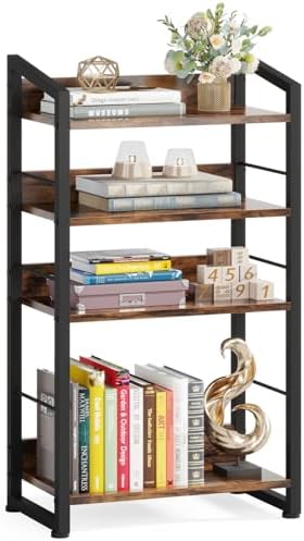 Hosfais Book Shelf Small Bookshelf: 4-Tier Wood Bookcase Industrial Bookshelf with Edge Protection Metal Narrow Bookcase