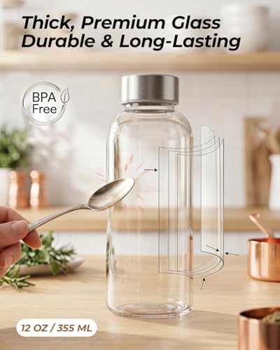 Zukro Glass Water Bottles with Stainless Steel Lids 12 oz, Set of 8