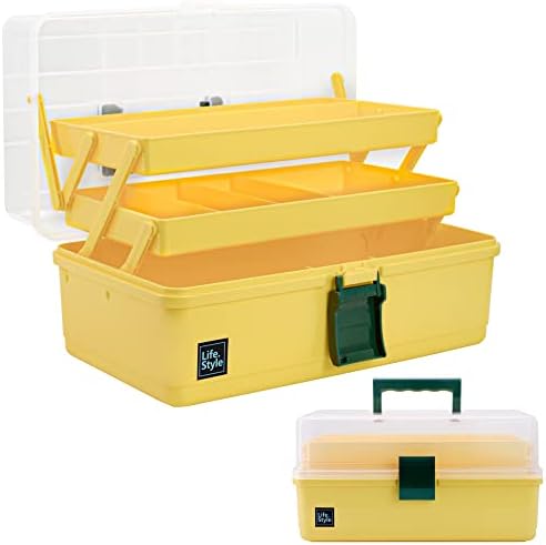 Creahaus 13 inch Art Craft Organizer Storage Box with 3 Layer, Multipurpose Plastic Tool Box with Handle for Sewing, Art