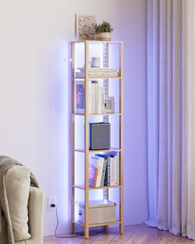 Open Book Shelf with LED Lights, 6 Tier Tall Bookshelf, Freestanding Shelf Narrow Bookcase with Open Shelves, 14.57" x 1
