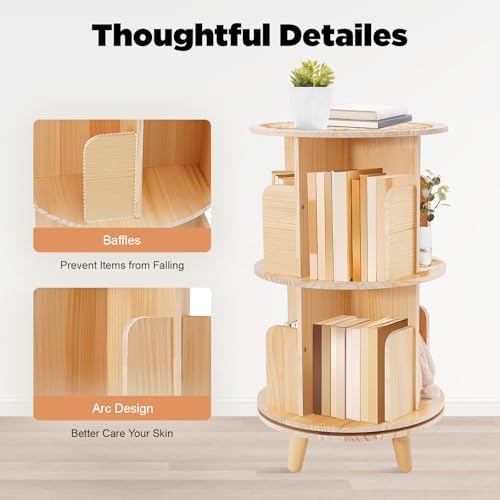 2 Tier Rotating Bookshelf with Legs, Small Corner Bookshelf Floor Standing Wooden Narrow Bookcase Organizer,Revolving Bo