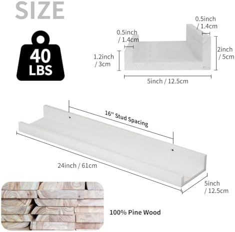 SAUMONIERES Picture Ledge Shelf Floating Book Shelves Set of 2 Wall Mounted Solid Wood for Bedroom Bathroom Living Room 