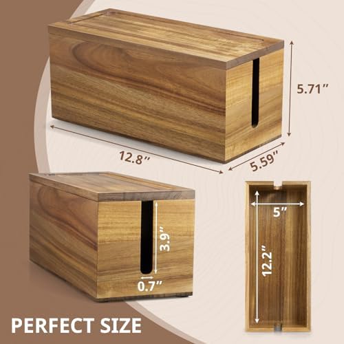 Acacia Wood Cable Management Box - Cable Organizer Box - 2 Open Slots Cords Hider Box - Under Desk Cord Organizer for Po