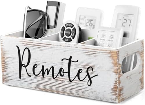 DRASTAR Remote Control Holder, 3 Slots Wood Remote Storage Caddy, Remote Control Organizer Retro White