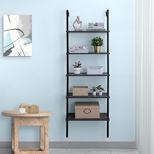 Molblly Modern Ladder Shelf Bookcase, 5-Tier Open Wall-Mounted Bookshelf with Stable Metal Frame, Stand Bookcase Open Di