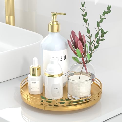 Oroyutor 9-Inch Oak Lazy Susan Vanity Tray with Gold Metal Rail
