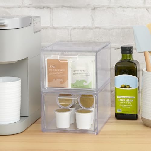 STORi Audrey Stackable Clear Bin Plastic Organizer Drawers | 2 Piece Set | Organize Cosmetics and Beauty Supplies on a V