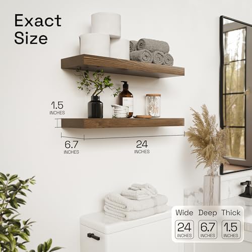 Solid Wood Floating Shelves for Wall 24 Inch Walnut, Wooden Bathroom Shelf