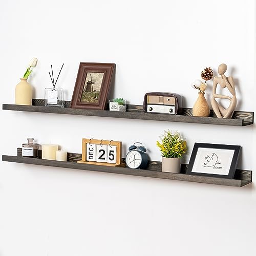 FLYJOE 48 Inches Long Floating Shelves for Wall, Solid Pine Wood Picture Ledge Shelves, Wall Shelves with Lips, Nursery Book Shelves for Toys Storage Living Room Bedroom Photo Frames (2 Pcs, Grey)