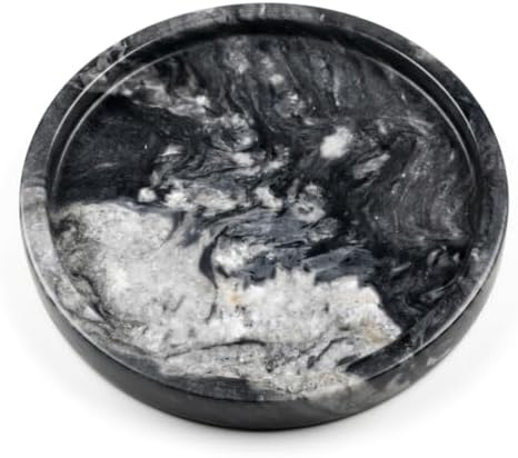 Round Grooved Marble Tray, 10-Inch Polished Natural Stone Serving Platter | Heavyweight 5lb Decorative Vanity Tray for K
