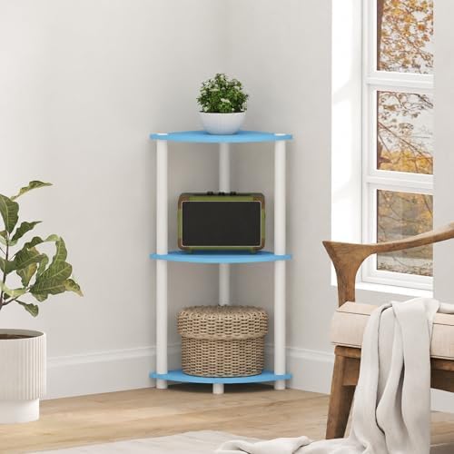 Furinno Turn-N-Tube Toolless Assembly 3-Tier Corner Shelf, Blue Corner Book Shelf, Open Shelves Bookshelf, for Organizat