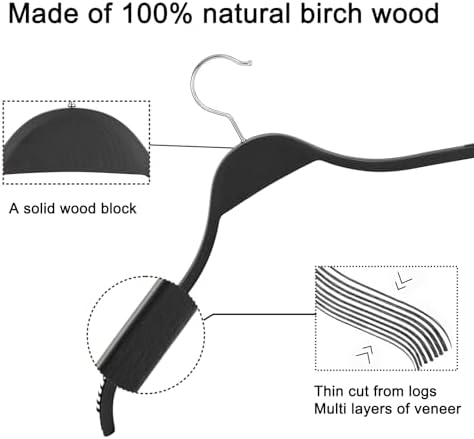 TOPIA HANGER Slim Wooden Hangers with Extra Soft Non-Slip Rubber Grips, 30-Pack High-Grade Fashion Hanger No Shoulder Bump for Sweater, Camisole, Jacket, Dress, Coat (Black)-CT15B30