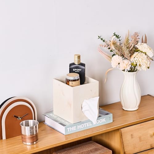 Beige Marble Look Square Tissue Box Cover with Storage Tray for Bathroom
