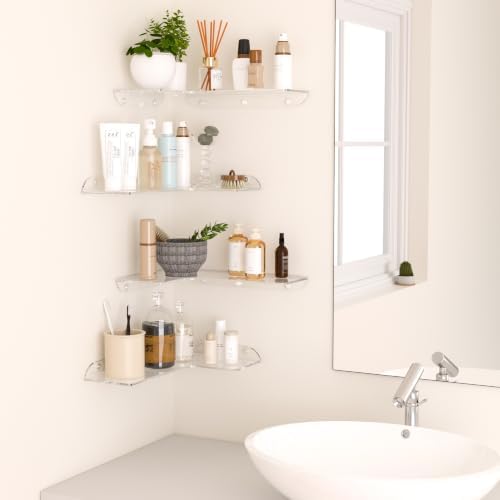 Sezanrpt 11.4x16 Inch Acrylic Corner Floating Shelf Set of 4, Clear Corner Wall Shelf for Home Décor, Speakers, Security