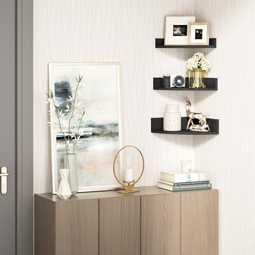 Alsonerbay Wood Corner Floating Shelves with Graduated Size 3-Pack, Black