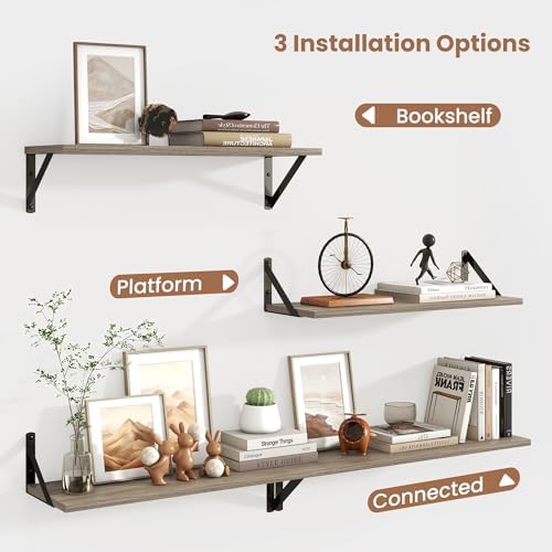 Axeman 24 Inch Floating Shelves, 8 Inch Deep Grey Wall Shelves Set of 2