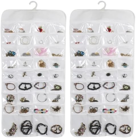 2 Pack Double-Sided Hanging Jewelry Organizer with 72 Soft Clear Pockets for Holding Jewelries