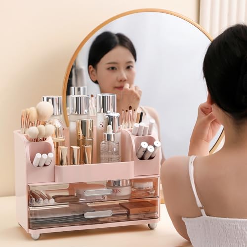 Anyoifax Makeup Organizer Countertop with Large Drawers, Light Pink