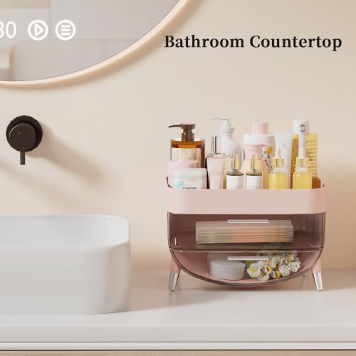 Jywantful Makeup Organizer for Vanity, Pink Skincare Storage with 2 Drawers