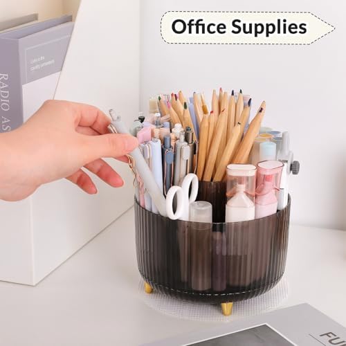 SKYDUE Rotating Pencil Pen Holder, Pen Organizer with 5 Slots - Aesthetic Desk Organizer and Accessories for School, Home, Office Supplies, Clear Black