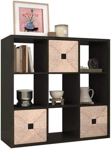 [2026 Wooden Thick Frame 9 Cube Storage Organizer Shelf with Anti-Tipping Kits + Reversible Open Back Bookcase, Horizont