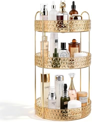 Large Capacity Rotating Makeup Organizer Perfume Stand Holder, 3 Tier Gold