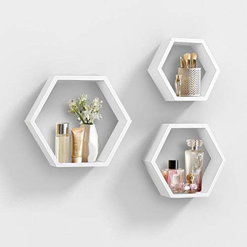 AHDECOR Hexagon Floating Shelves Set of 3, White Engineered Wood Wall Mounted Display Shelves, Modern Honeycomb Wall Dec