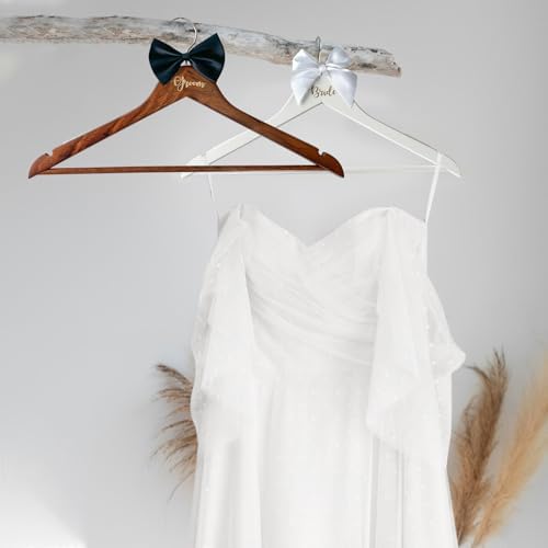 Groom Bride Hanger for Wedding Dress or Suit - 2 Pack Wedding Hangers Gifts Accessories - Bridal Hanger with Bow Tie & E
