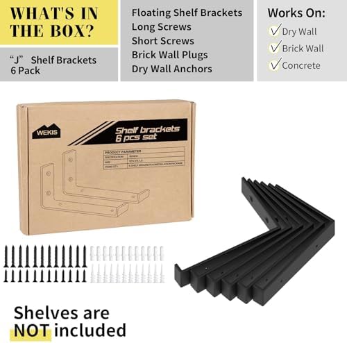 WEKIS Shelf Bracket, Heavy Duty Floating Shelf Brackets 10-Inch Long, 6-Pack Brackets for Shelves, Black Coated J Shape 