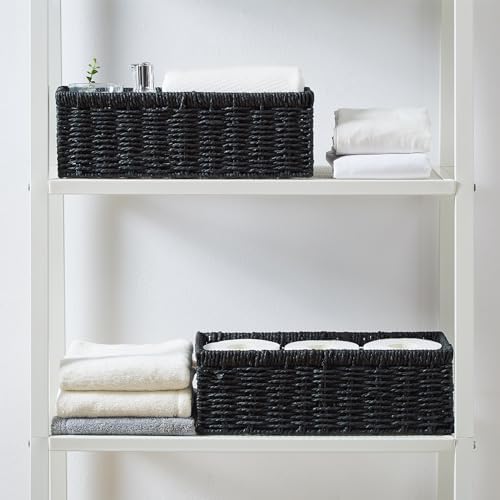 Vagusicc Wicker Storage Basket, Paper Rope Wicker Baskets with Handles, Toilet Paper Basket for Toilet Tank Top, Small Wicke Baskets for Organizing Shelves, 2-Pack, Black