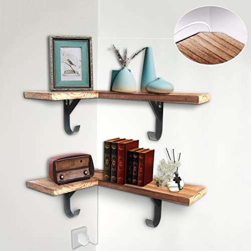 HAO Floating Corner Wall Shelves Rustic Wood Mounted Shelving L Shape Shelf with Cable Wire Hole Pattern for Bedroom Liv