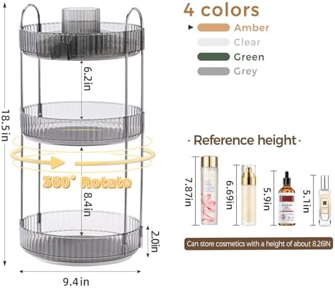 360° Rotating Makeup Organizer, Upgraded 3 Tier Skincare Perfume Organizers for Women, Bathroom Organizer Countertop, Cl