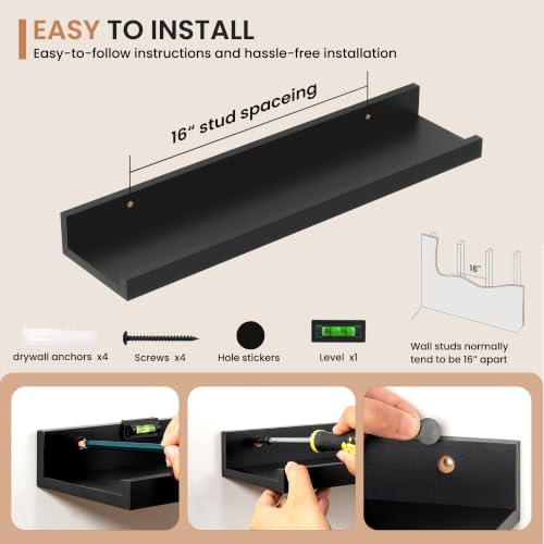 Dreamland Picture Ledge Shelf for Wall, Floating Shelves Set of 2,20 inch Long Floating Shelves with Lip for Living Room,Bedroom,Bathroom,Kitchen,Black
