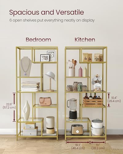 VASAGLE 6-Tier Bookcase, Slim Shelving Unit, Tempered Glass, Steel Frame