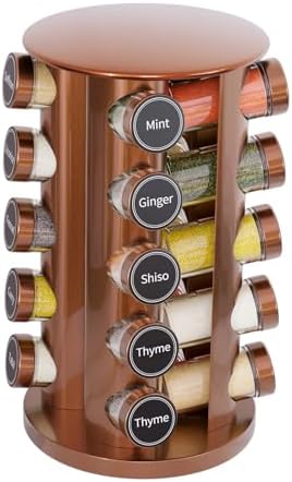 New England Stories Revolving Spice Rack Set with 20 Spice Jars, Kitchen Spice Tower Organizer for Countertop or Cabinet