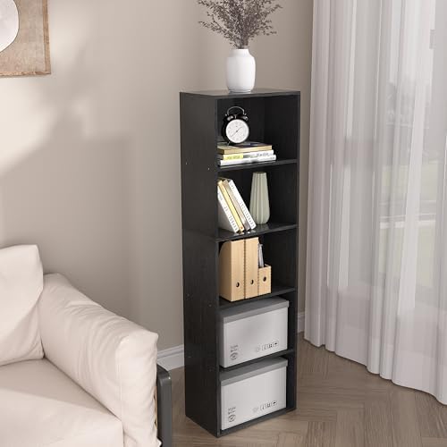 Wooden 5 Cube Storage Organizer, Black 5 Tier Bookcase Bookshelf Freestanding Storage Display Organizer, Versatile Cubes