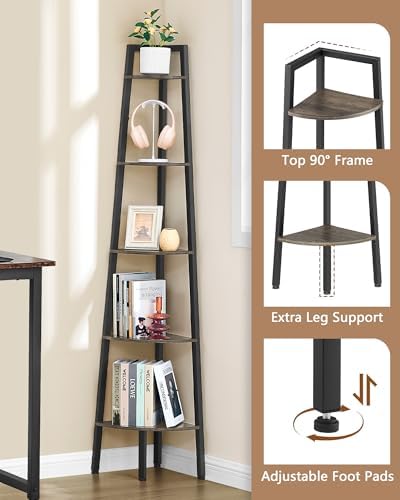 Hoctieon Corner Shelf, 5-Tier Corner Bookshelf, Rustic Ladder Shelf, Industrial Display Stand for Living Room, Kitchen, 